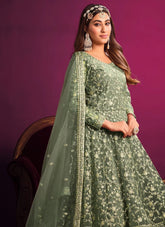Green Net Heavy Embroidered Anarkali Suit